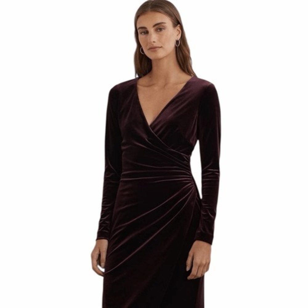 NEW Ralph Lauren Women's 14 Stretch Velvet Surplice Dress in Royal Claret Velvet - Picture 4 of 8